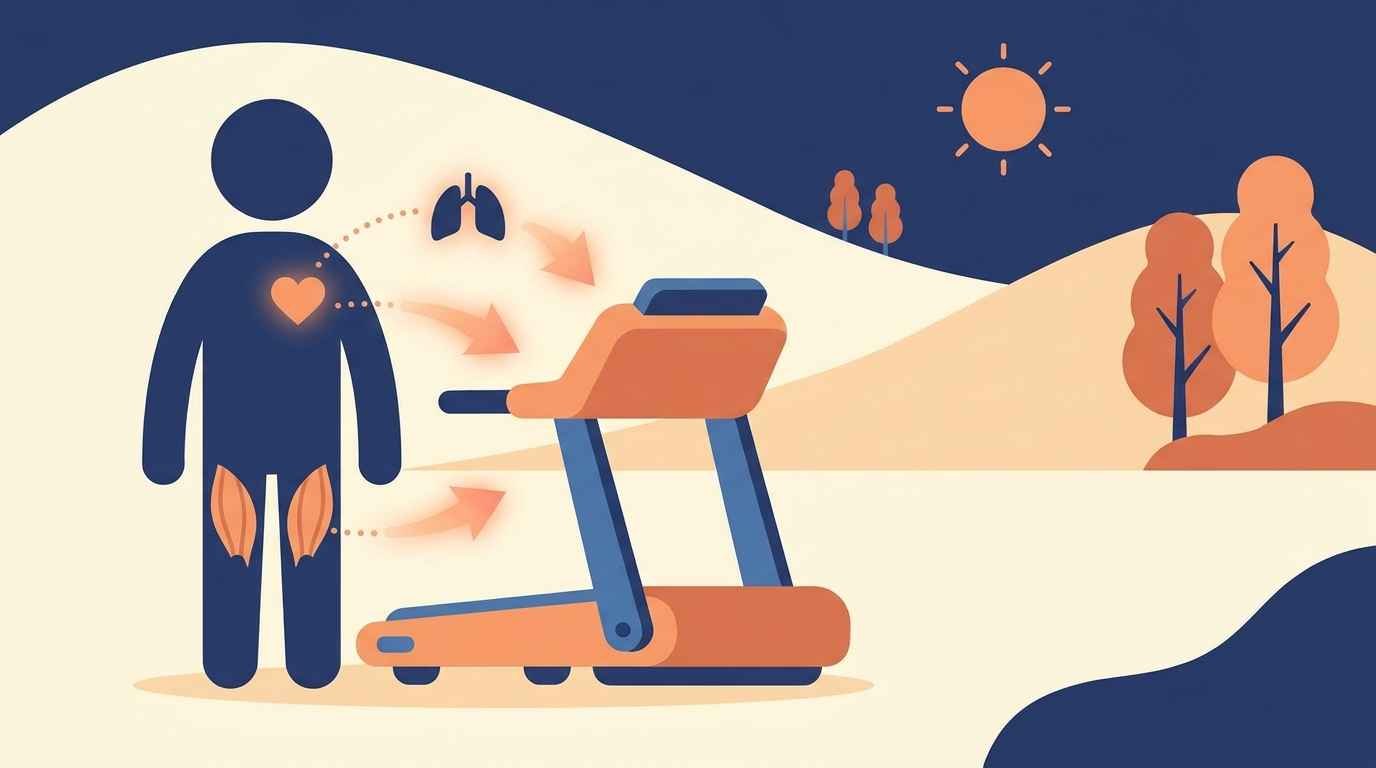 Ilustração cartoon de um corpo humano estilizado com setas destacando coração, pernas e pulmões, ao lado de uma esteira ergométrica
