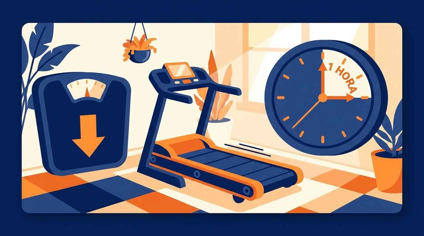 O Que Acontece se Você Fizer 30 Minutos de Esteira Todos os Dias? Ilustração cartoon de uma balança de banheiro com seta para baixo, ao lado de uma esteira ergométrica e um relógio marcando 1 hora