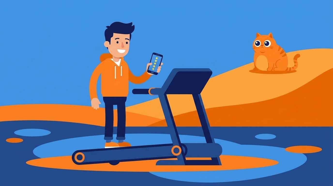 Ilustração cartoon de um homem sorrindo com o celular mostrando avaliações de 5 estrelas de uma esteira ergométrica, com um gato laranja observando