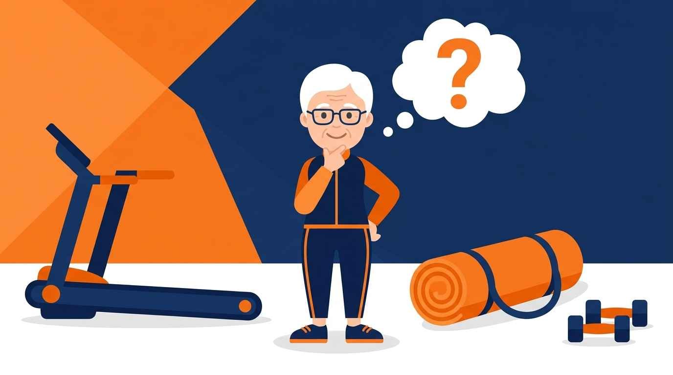 Esteira é Segura para Idosos? O Que Recomendam os Especialistas Ilustração cartoon de três ícones representando esteira, tapete de pilates e halteres, com um idoso sorridente pensando qual escolher