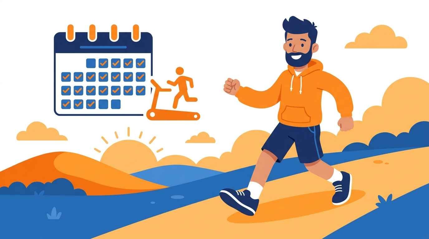 Esteira Elétrica ou Mecânica: Qual a Diferença e Qual Vale a Pena Ilustração cartoon de um calendário com 30 dias marcados ao lado de uma esteira ergométrica pequena e um homem caminhando animado