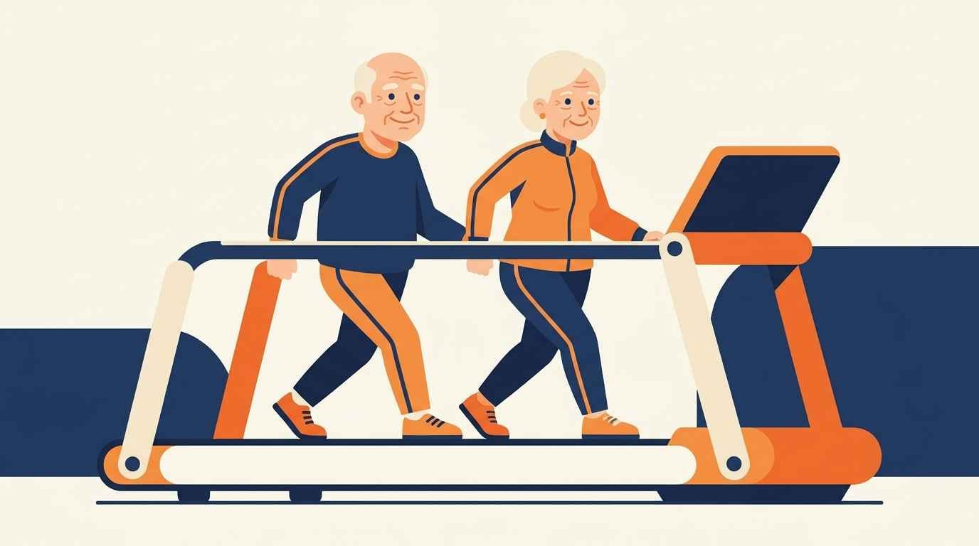 Ilustração cartoon de um casal de idosos caminhando devagar lado a lado em uma esteira ergométrica ampla com barras de apoio