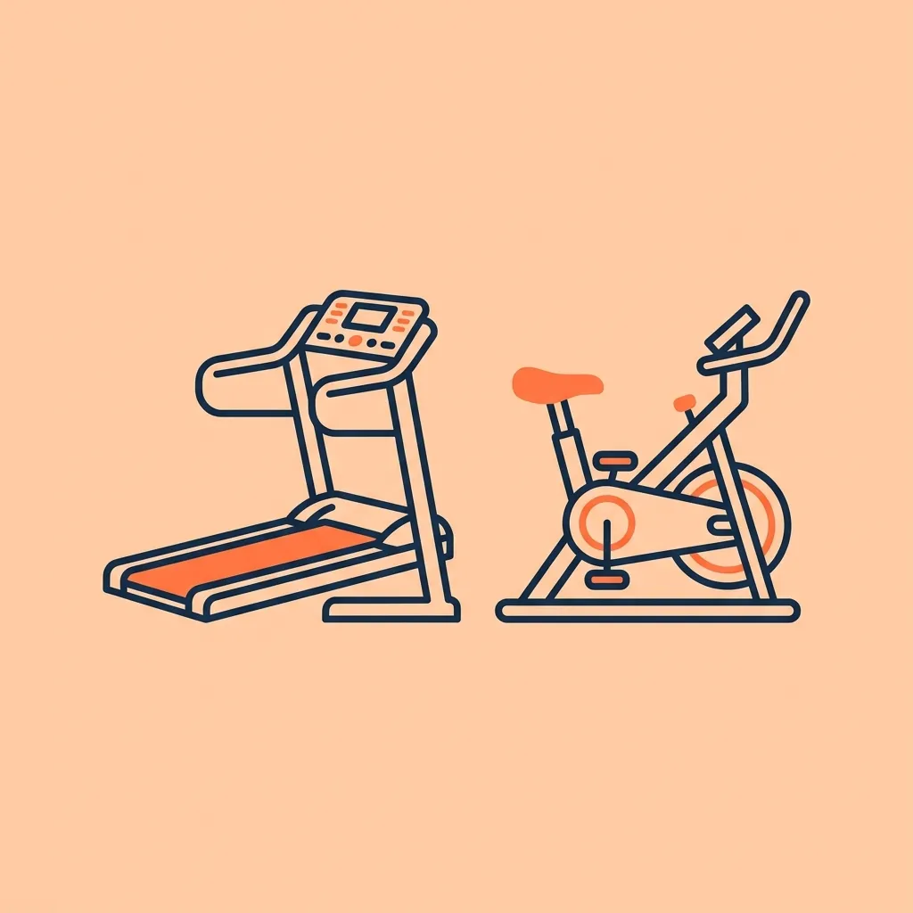 Esteira ou Bicicleta Ergométrica: Qual é Melhor para Perder Barriga? Ícone de esteira ao lado de uma bicicleta ergométrica, representando a comparação entre os dois equipamentos