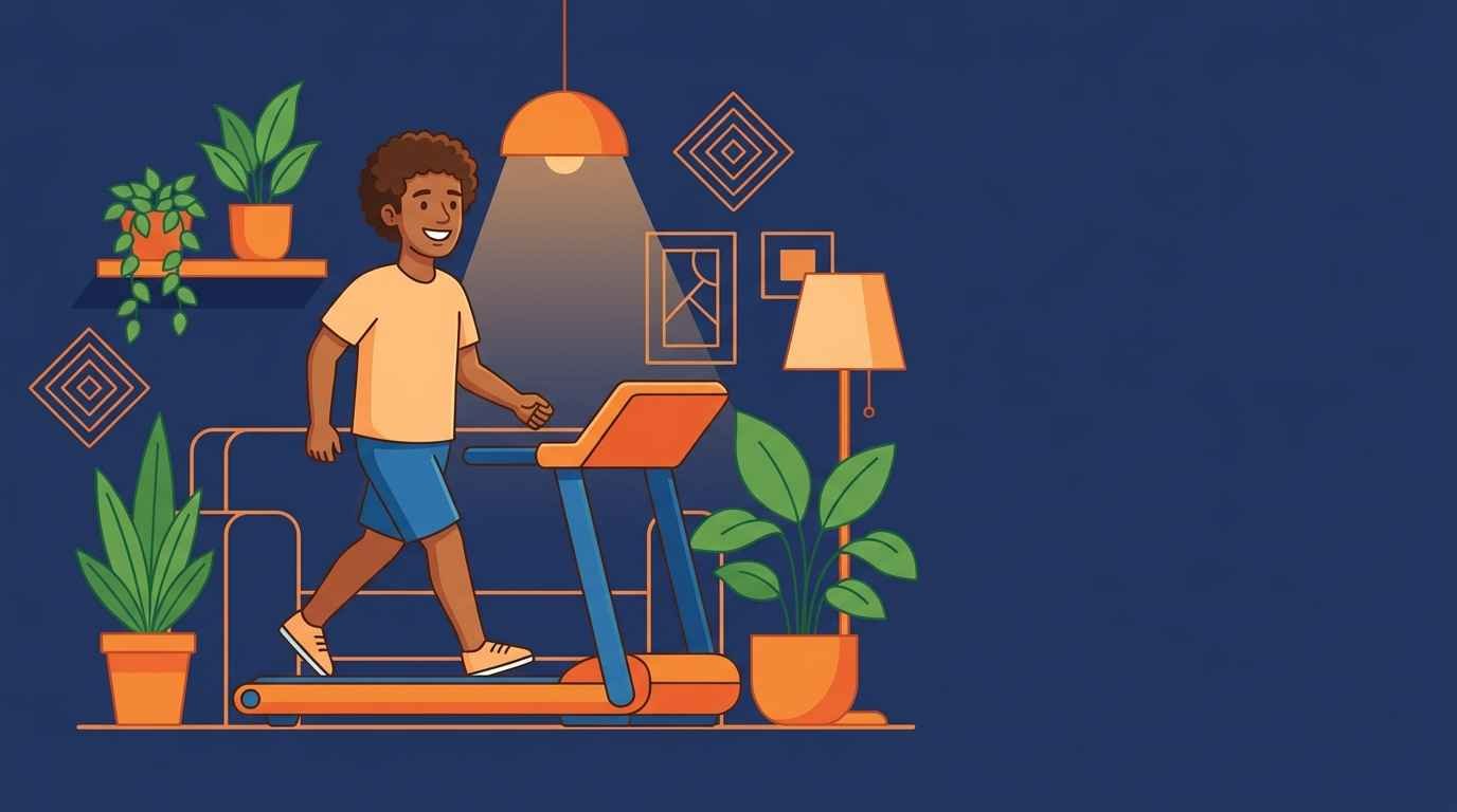 Ilustração cartoon de um homem caminhando em uma esteira ergométrica compacta dentro de uma sala de estar aconchegante