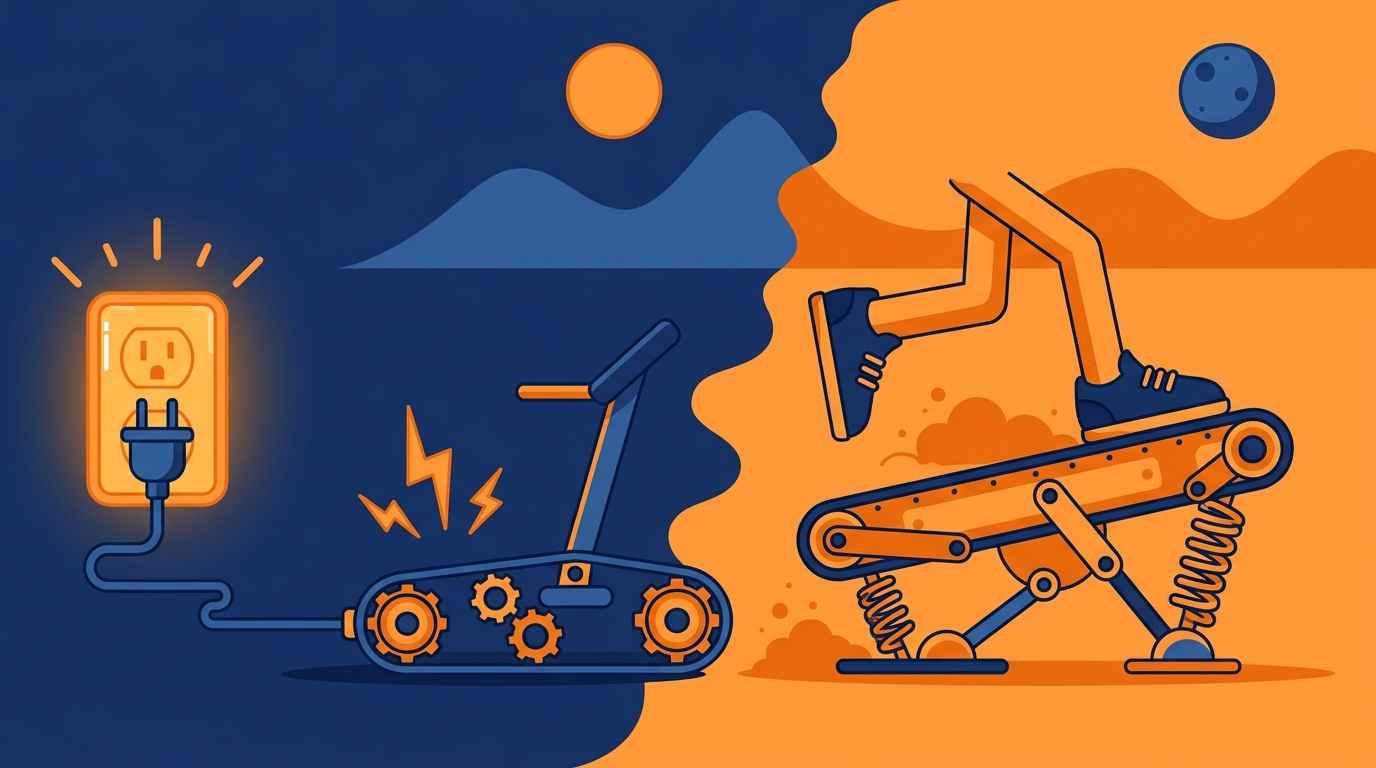Ilustração cartoon de uma tomada elétrica de um lado e um par de pernas em movimento do outro, conectadas a esteiras ergométricas diferentes