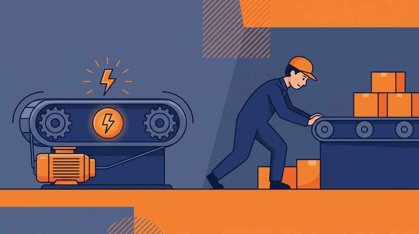 Esteiras Mais Silenciosas: O Que Olhar na Ficha Técnica Antes de Comprar Ilustração cartoon de duas esteiras ergométricas lado a lado: uma elétrica com engrenagens e raio, outra mecânica sendo empurrada por uma pessoa