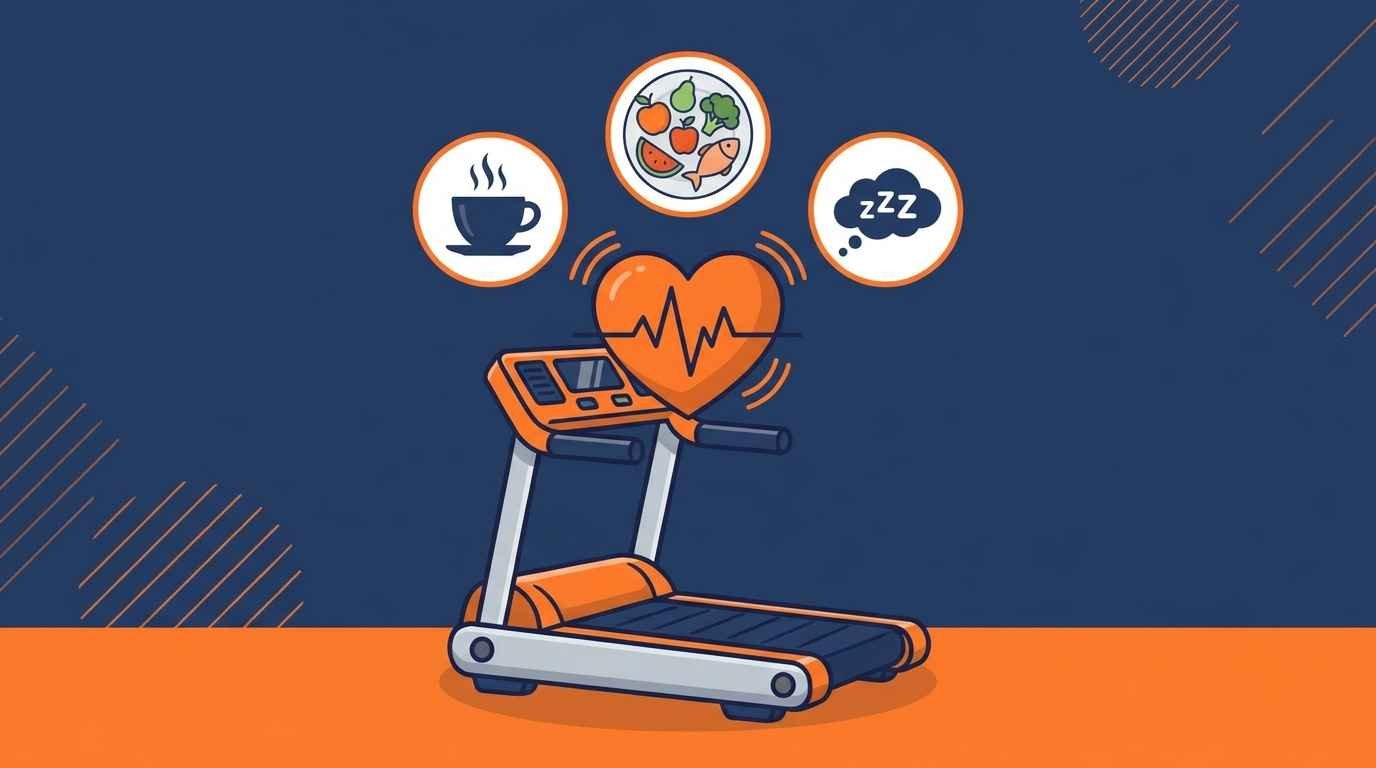 Qual o Melhor Exercício Físico para a Terceira Idade? Esteira, Pilates ou Musculação Ilustração cartoon de uma esteira ergométrica com um coração pulsante estilizado, cercada de ícones de café, comida saudável e sono