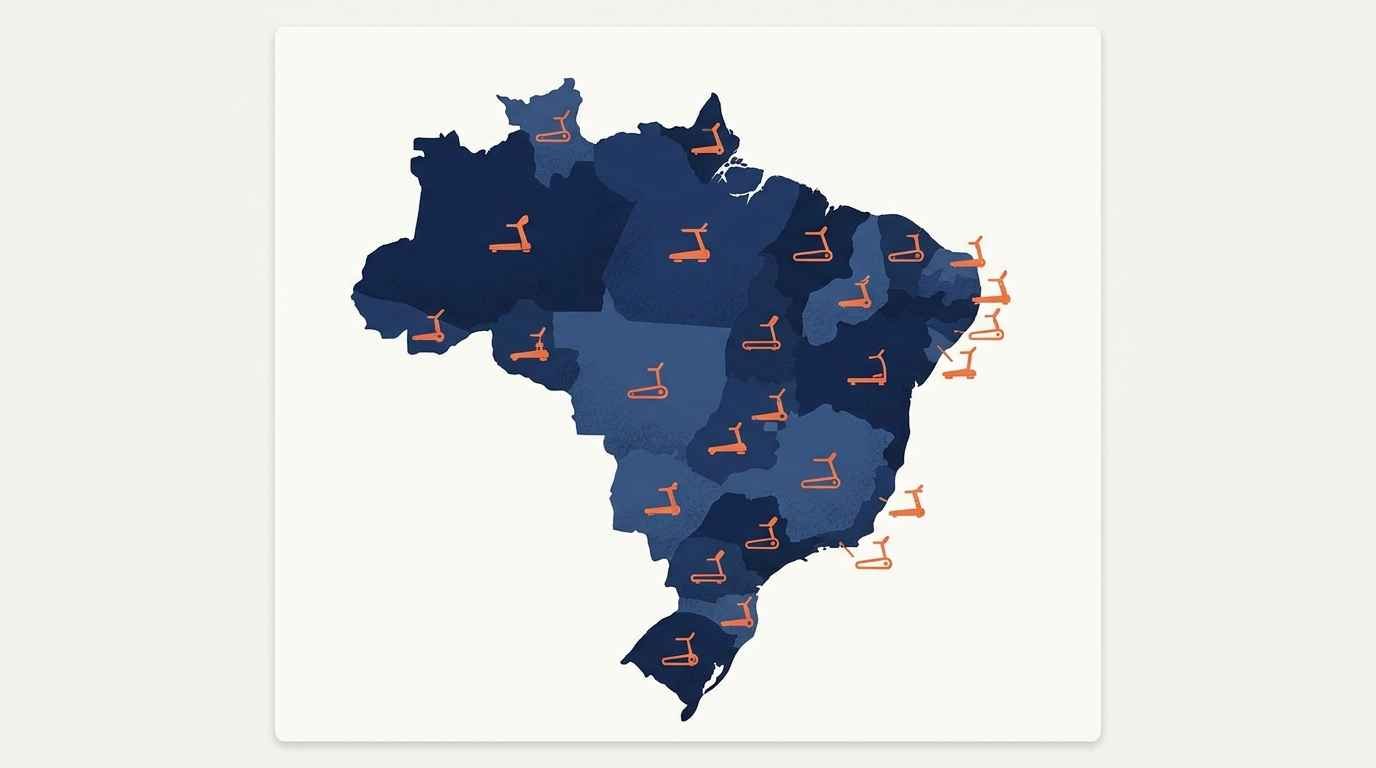 Melhores Marcas de Esteira Ergométrica: Gallant, Dream Fitness e Outras Ilustração cartoon de um mapa estilizado do Brasil com ícones de esteiras ergométricas espalhados por várias regiões