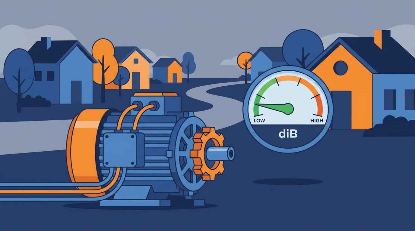 Ilustração cartoon de um medidor de decibéis estilizado próximo ao motor de uma esteira ergométrica, com ambiente residencial ao fundo
