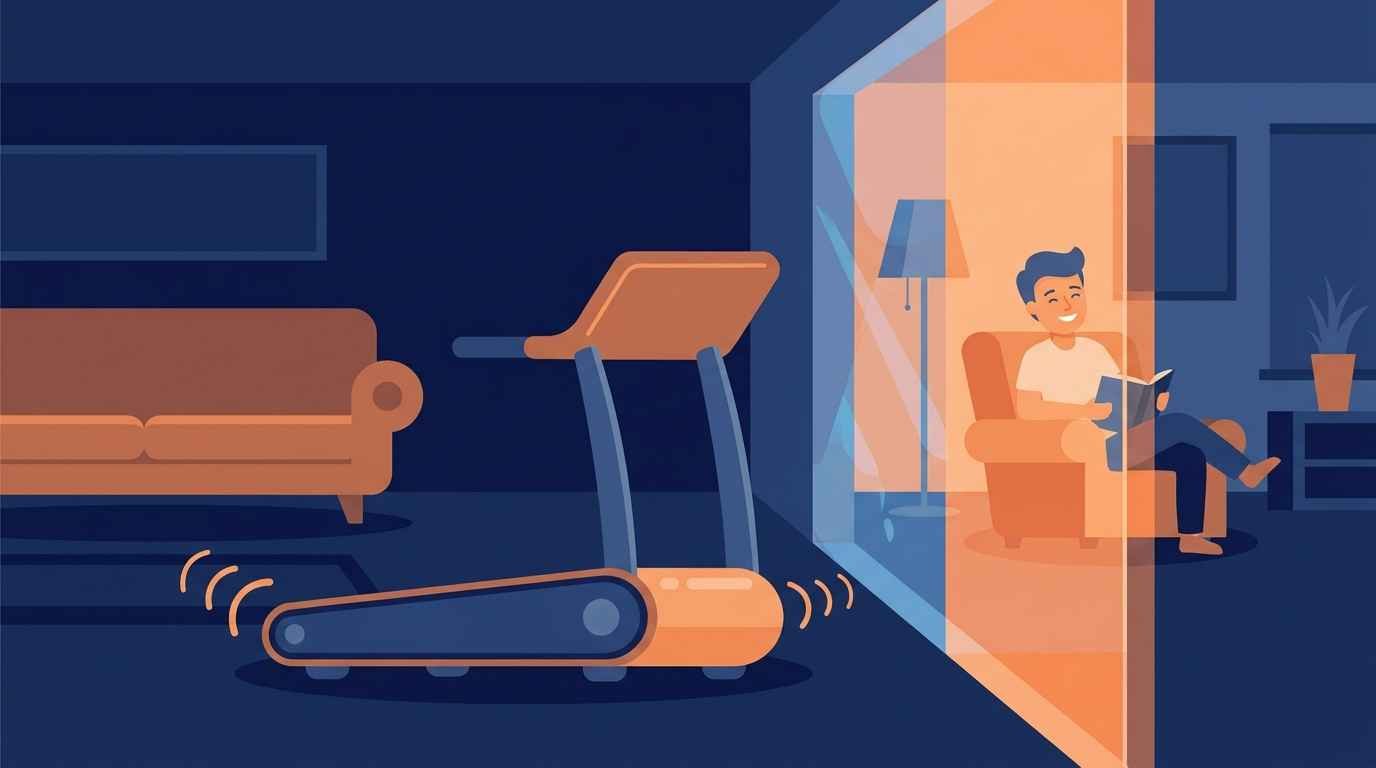 O Que é uma Esteira Semiprofissional? Diferença para Residencial e Profissional Ilustração cartoon de uma esteira ergométrica com ondas sonoras suaves saindo do motor, em um apartamento com vizinho tranquilo ao lado