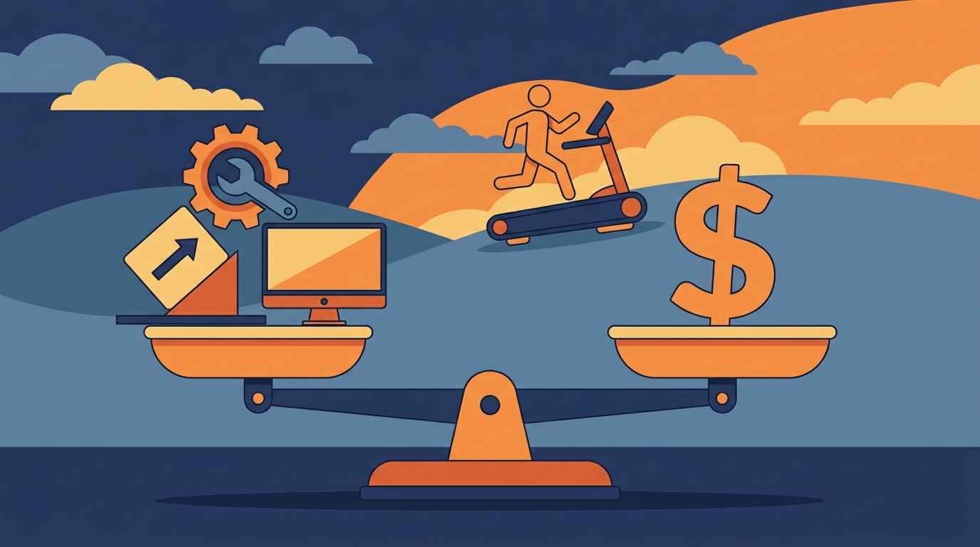 Ilustração cartoon de uma balança equilibrando ícones de recursos (motor, inclinação, monitor) de um lado e um cifrão do outro, com uma esteira ao fundo