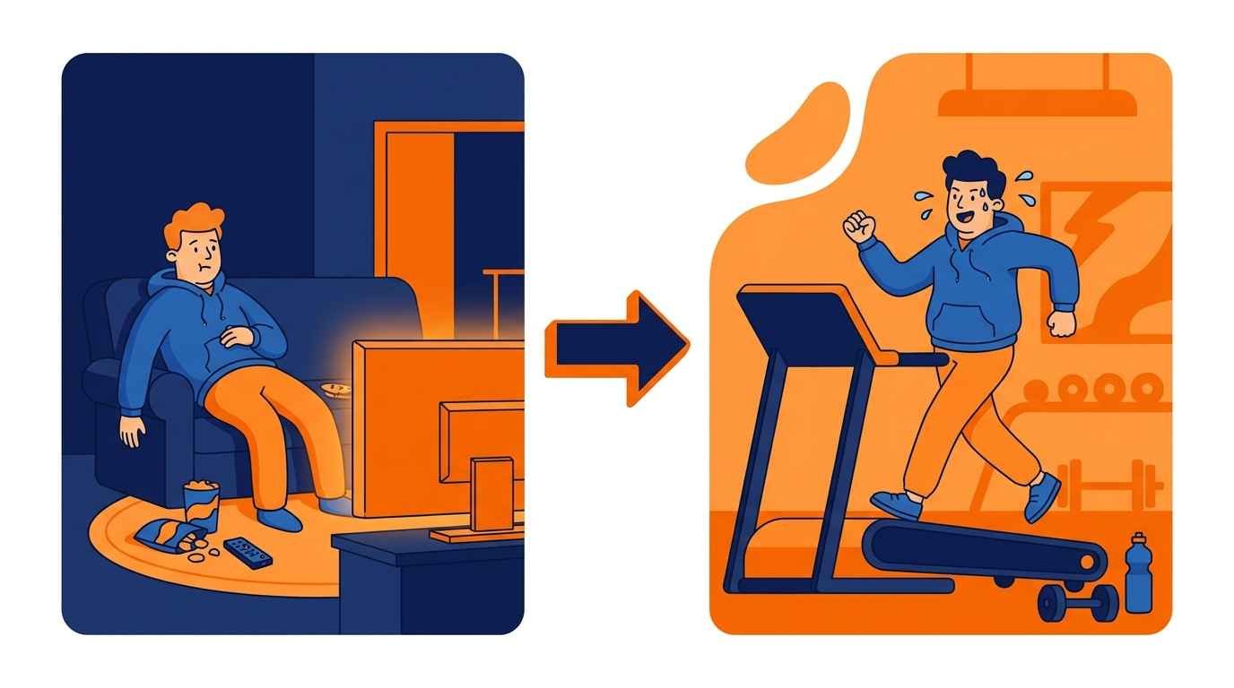 Ilustração cartoon comparando uma pessoa sedentária no sofá assistindo TV com a mesma pessoa caminhando animada em uma esteira ergométrica