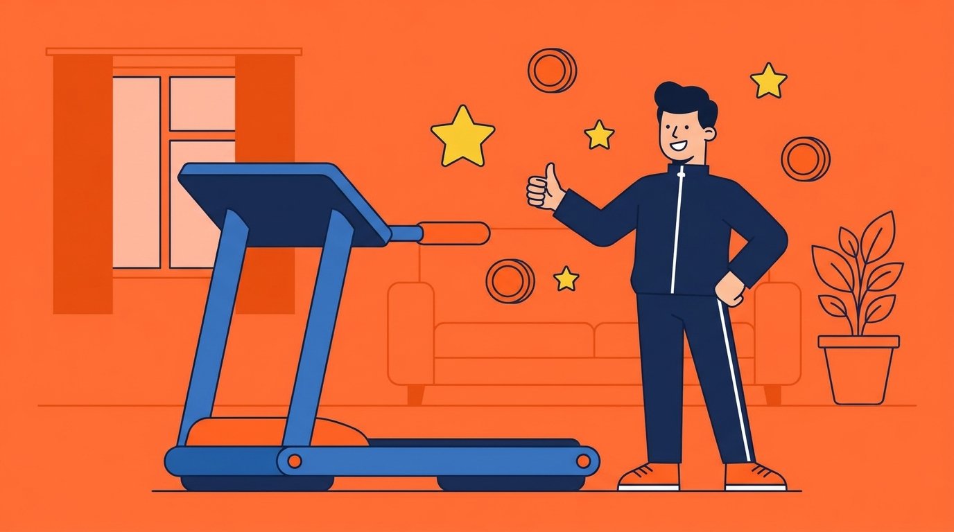 Homem fazendo positivo com o polegar ao lado de uma esteira ergométrica azul, com estrelas e moedas flutuando, ilustrando o melhor custo-benefício entre as esteiras