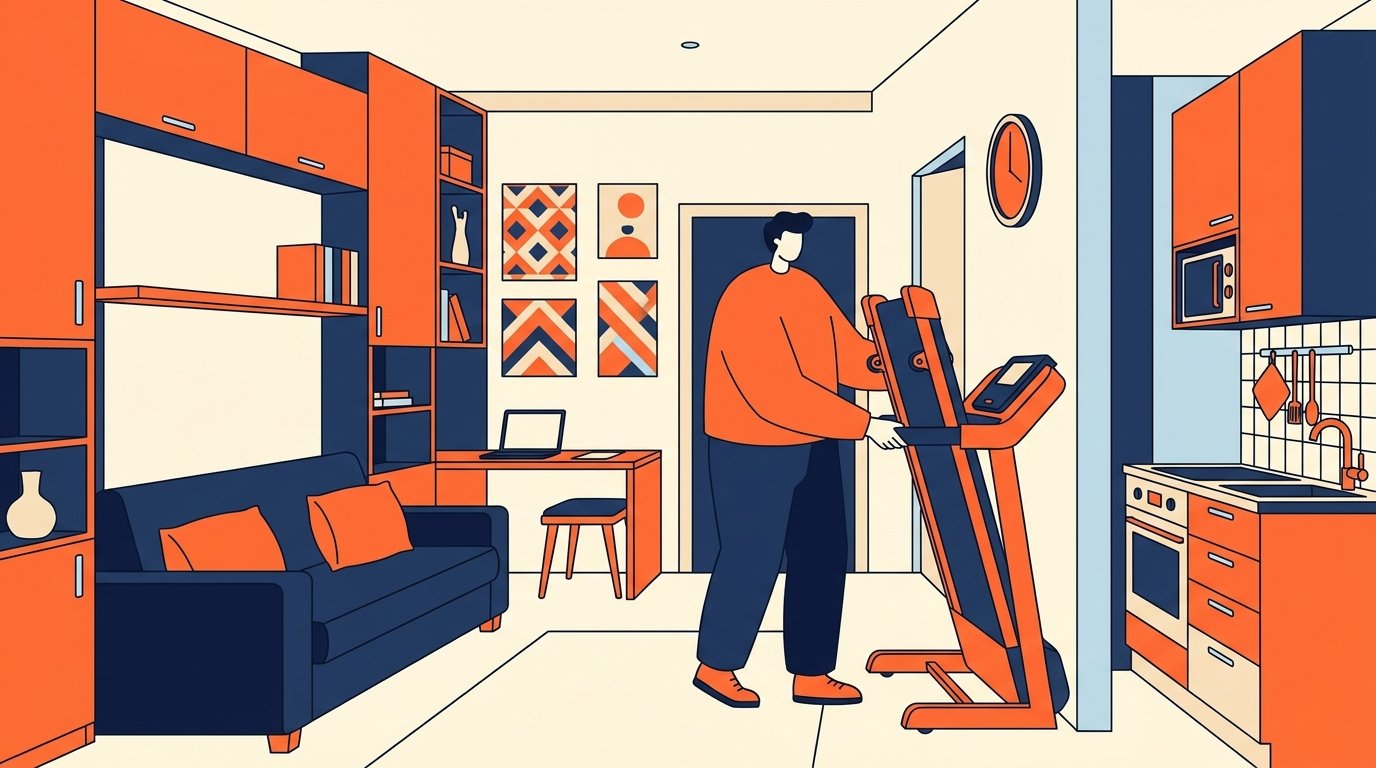 Homem dobrando e guardando uma esteira ergométrica compacta em um apartamento pequeno, ilustrando a praticidade das esteiras dobráveis