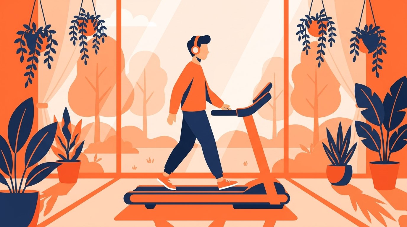 Homem caminhando tranquilamente com fones de ouvido em uma esteira ergométrica de frente para uma janela com vista para árvores, ilustrando o uso para caminhada em casa