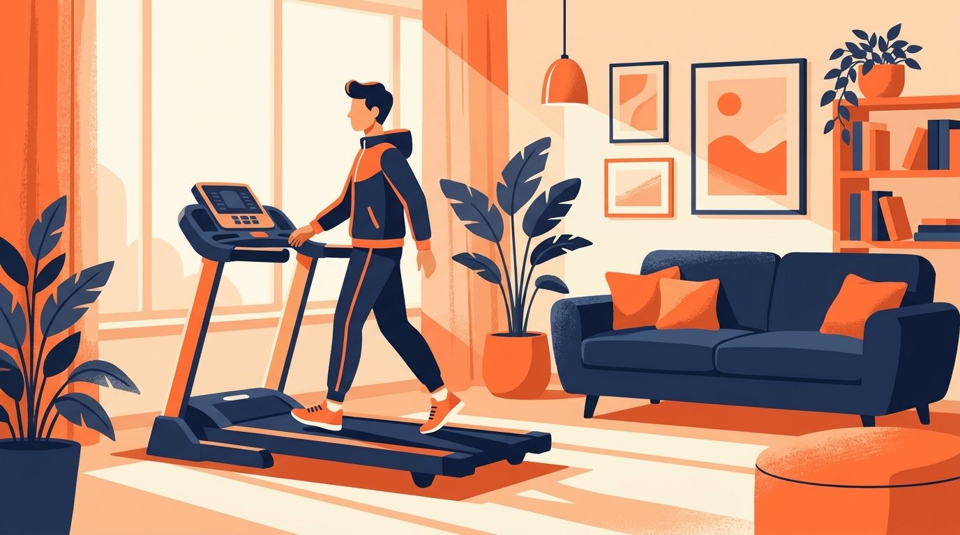 Homem caminhando em uma esteira ergométrica dentro de uma sala de estar aconchegante, ilustrando o uso de esteiras residenciais em casa